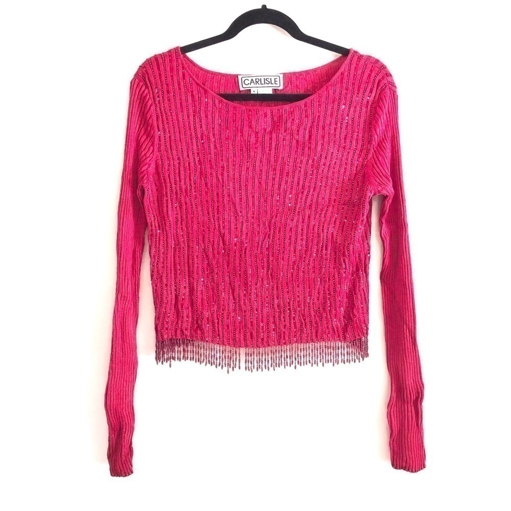 Carlisle Top M Vintage Regency Silk Sequin Beads Long Sleeve Boat Neck Embellish